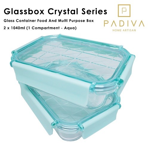 Padiva Glassbox Crystal 1 Compartment Tanpa Sekat 1040 ml 2 Pcs - Aqua